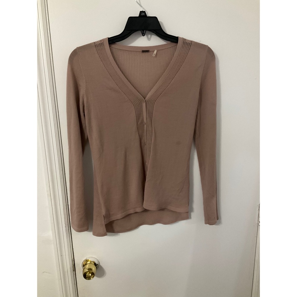 Elie Tahari Extra Fine Merino Wool Cardigan Rose Pink Ribbed V-Neck E16X1514